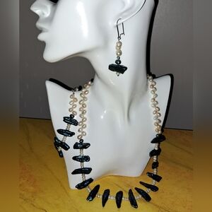 Fancy Teal Biwa Stick & White Freshwater Pearl Necklace, Earring & Bracelet Set